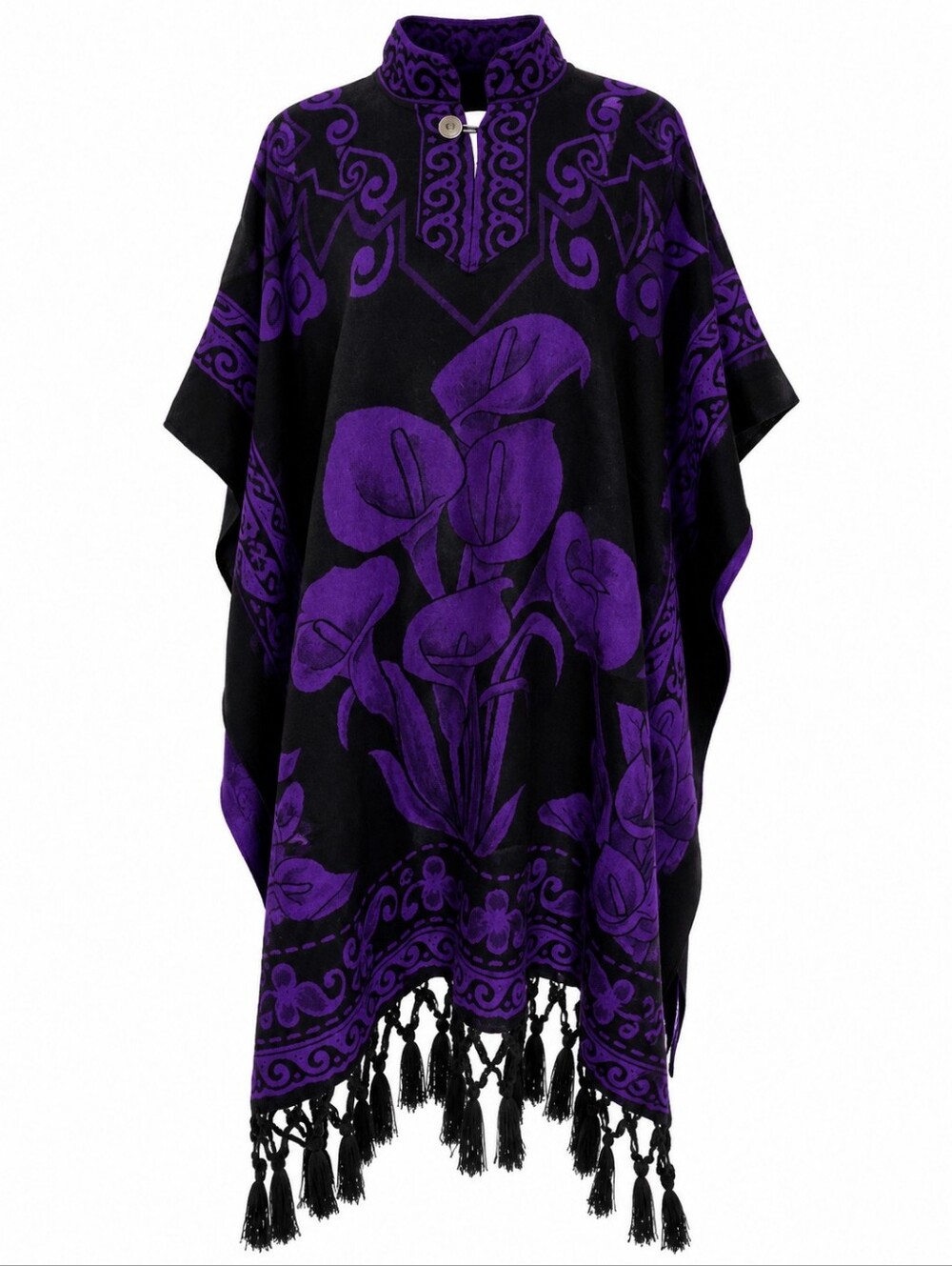 Vintage Style Purple And Black Floral Calla Lily Fringe Cape Poncho WhimsyGoth